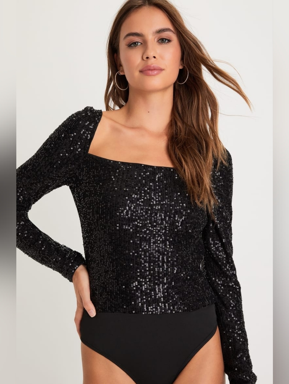 Lulu's Black Sequined Square-Neck Long-Sleeve Top